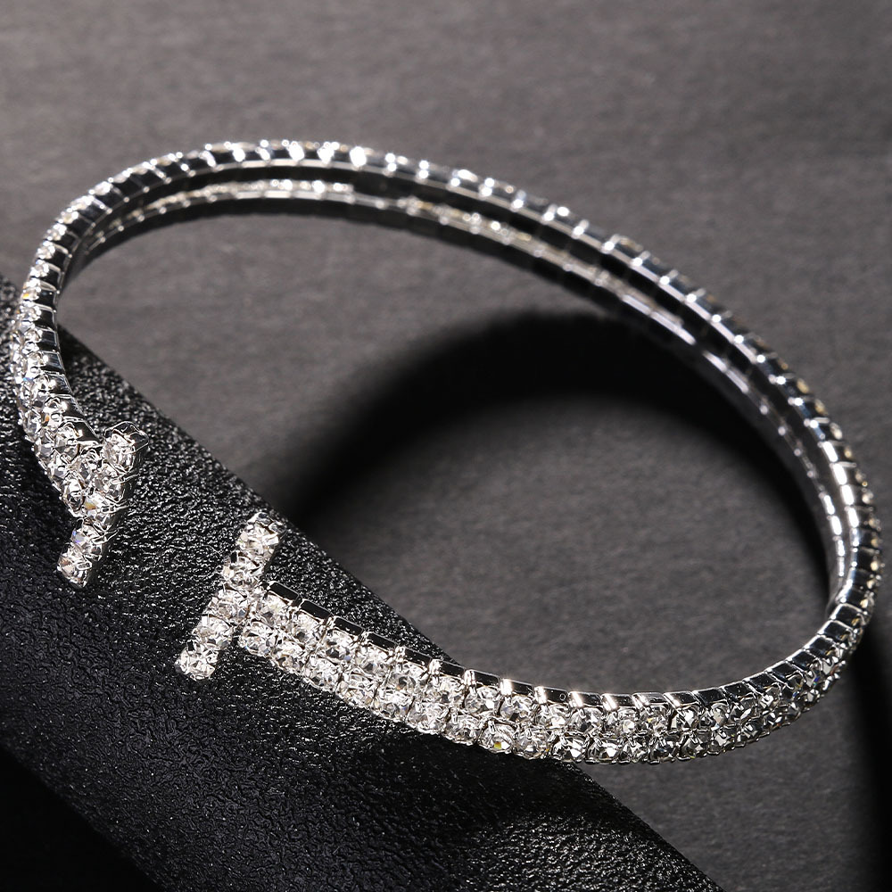 Moda simple diamante completo abierto pulsera europea y americana elegante doble fila rhinestone pulsera fiesta accesorios pulsera