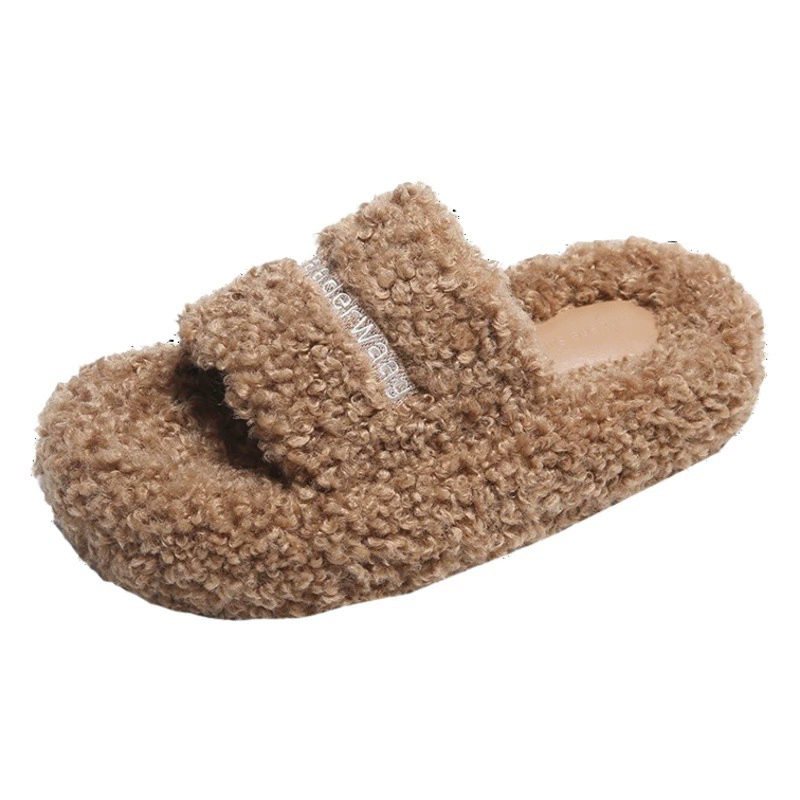 Женские тапочки из овечьей шерсти на толстой подошве с надписями, модные осенне-зимние 2024 года, плюшевые, повседневные, из хлопка.