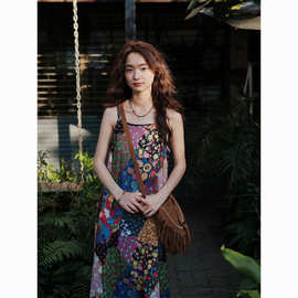 波西米亚吊带连衣裙民族风碎花裙复古文艺云南度假宽松吊带裙长裙