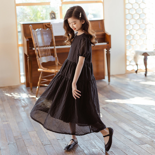 2024女童礼服公主裙夏季韩版童装圆领连衣裙中大儿童走秀主持长裙