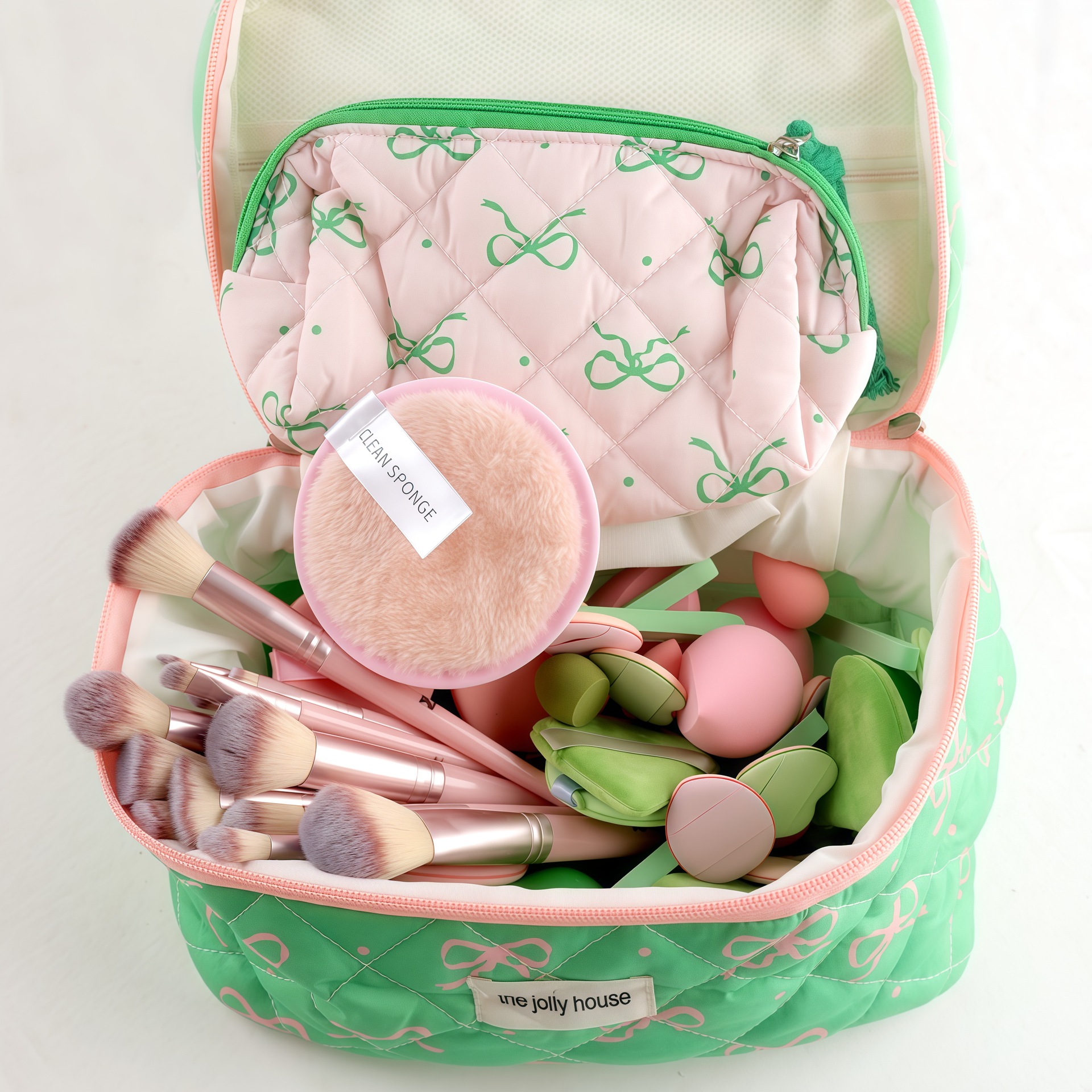 68 paquetes de bolsas de cosméticos dulces para niñas, brochas de maquillaje portátiles de gran capacidad, borlas de maquillaje, herramientas de combinación de maquillaje antes y después del maquillaje