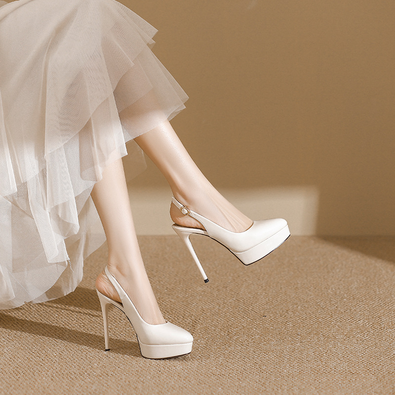 Giày cao gót nữ mũi nhọn gót 12 cm, thiết kế hở gót bít mũi, phong cách catwalk — Màu nude-12cm