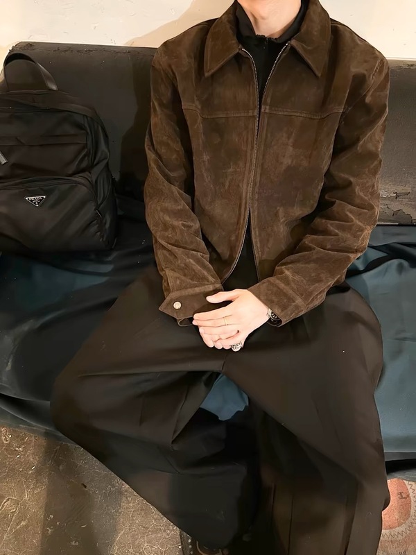 深棕色美式复古短款外套男款春秋高级感痞帅cleanfit正肩翻领夹克|undefined