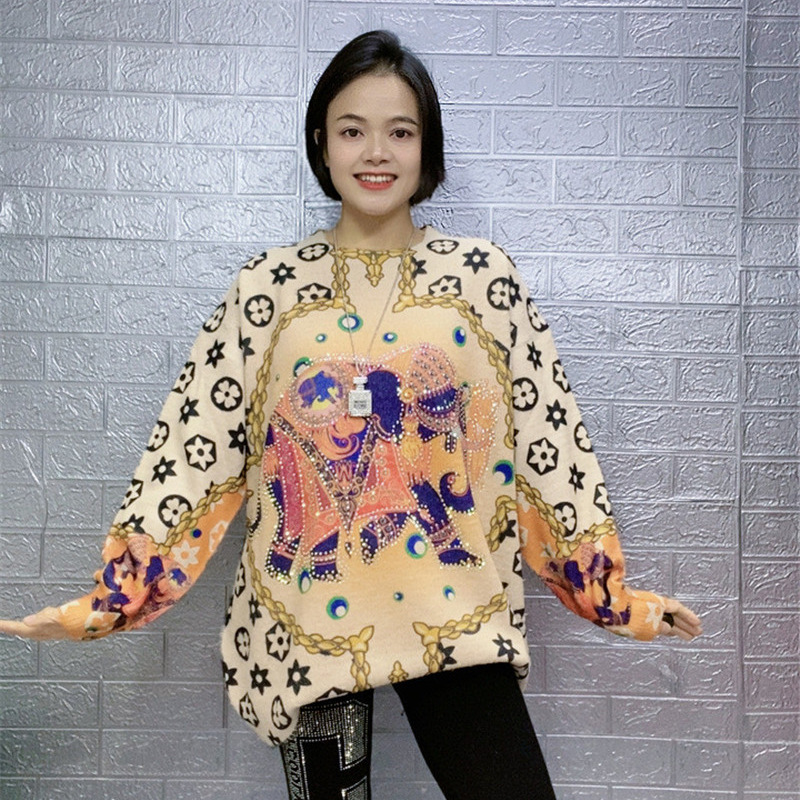 plus size Elephant Printed Hooded Knitted Sweater Women's Autumn and Winter New European-made Heavy-duty Rhinestone Loose All-match Top for Women