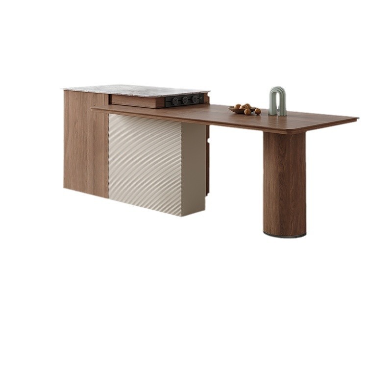 Mesa guía y mesa de comedor integrada mármol retráctil, grano de madera de nogal negro, lujo ligero, sensación de alta gama, almacenamiento doméstico de Nakajima