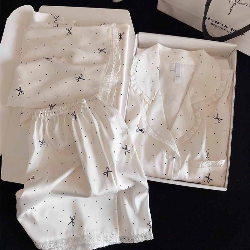 Pajamas for Women Summer High-End Bow Polka Dot Ice Silk Three-Piece Cardigan Short-Sleeved Shorts Cartoon Home Wear Set