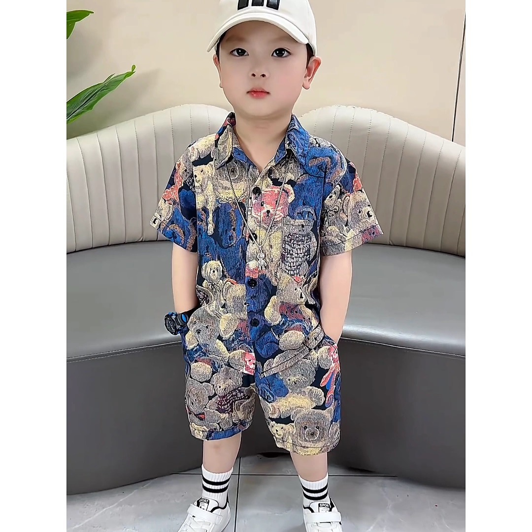 2025 Boys Suit Summer Short Sleeve Floral Shirt Shirt Shorts Suit Boy Baby Street Little Children Two-Piece Set