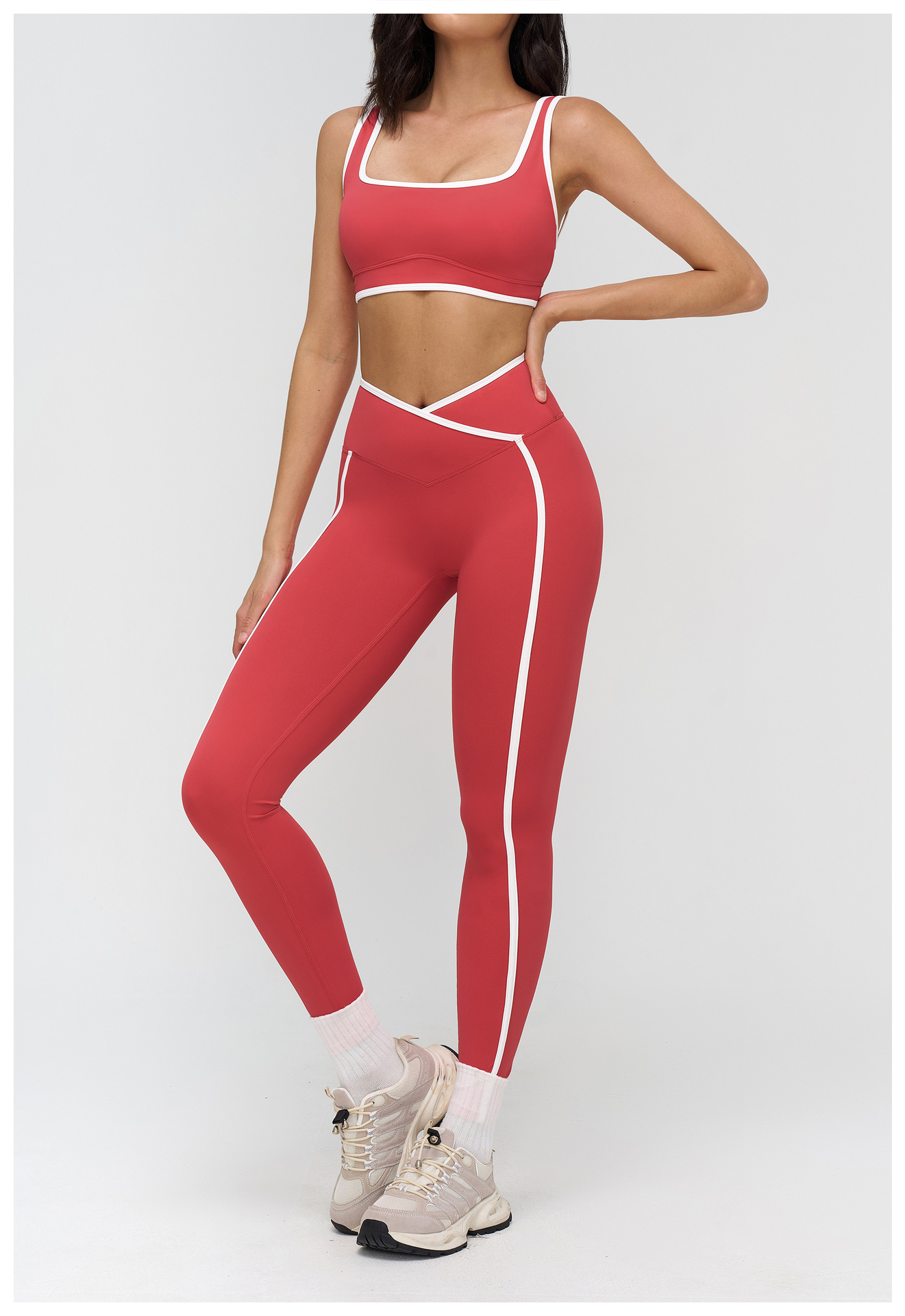 Nude Color Block Yoga Set For Women Tight Fitting Casual Sportswear Outdoor Running Fitness Clothes 9528_ecoleips.com