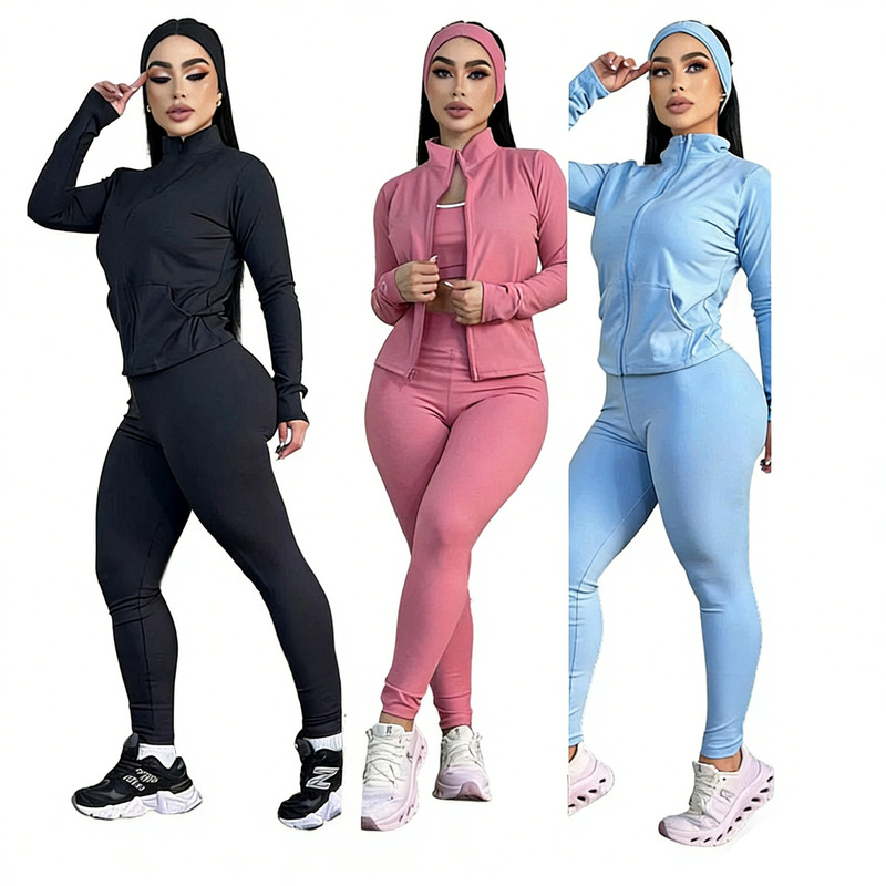 J5317 European and American Cross-Border High-Elastic Fitness Three-Piece Fashion Sports Suit Solid Color Slimming Yoga Outfit with Lettering J5317 European and American Cross-Border High-Elastic Fitness Three-Piece Fashion Sports Suit Solid Color Slimming Yoga Outfit with Lettering