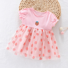 Girls' Short Sleeve Dress 2024 Summer Children's Net Princess Dress Trendy Baby Girl Strawberry Skirt