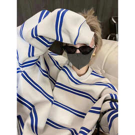 秋新款潮牌ins条纹长袖圆领套头卫衣女宽松显瘦百搭上衣MQ3168
