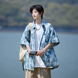 2026夏季痞帅复古外搭衬衣男士欧美宽松新款薄款格子美式短袖衬衫
