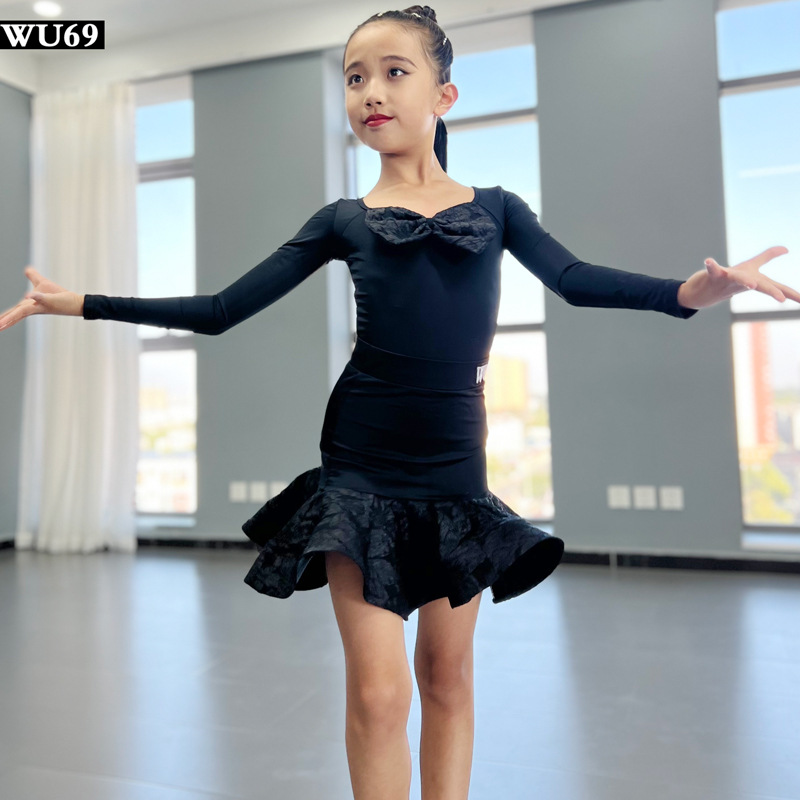 Autumn and Winter New Children's Latin Dance Clothes Long-sleeved Children's Dance Practice Clothes Split suit Professional Training Clothes for Girls