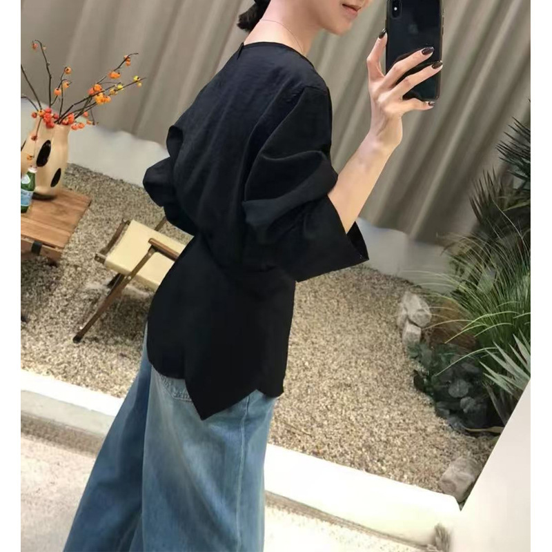 秋季法式气质设计绑带黑色圆领时尚休闲高级收腰显瘦长袖上衣女潮|undefined