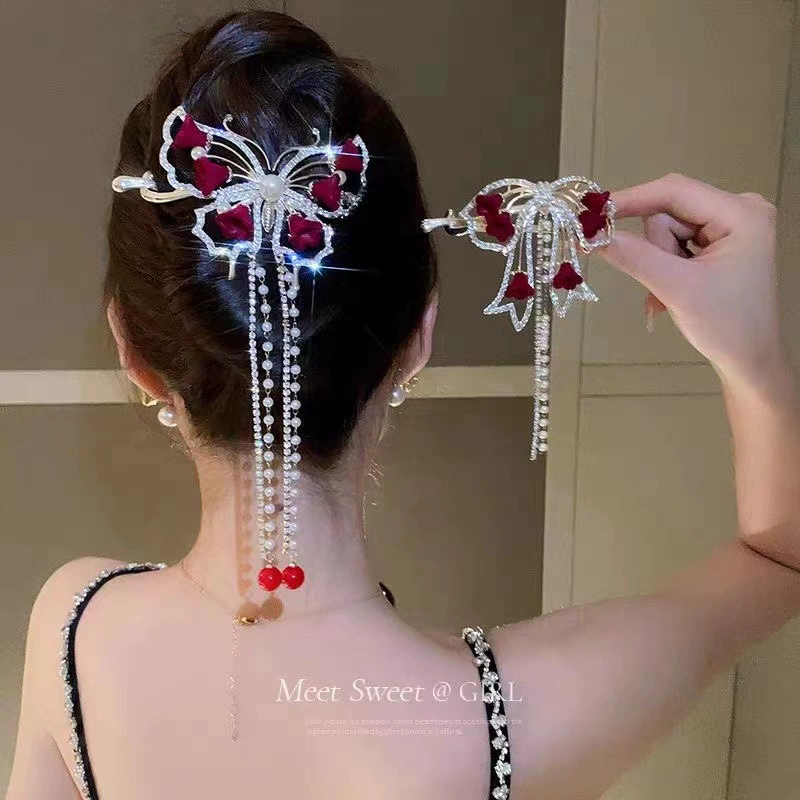 Заколка для волос (Pilsan) Orchid Tassel свадебный аксессуар для волос, металл и стрази, красный цветок