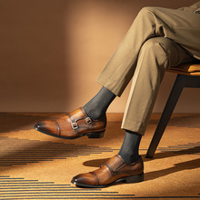 【48小时内发货】皮鞋男士真皮手工檫色商务正装孟克鞋套脚便士鞋