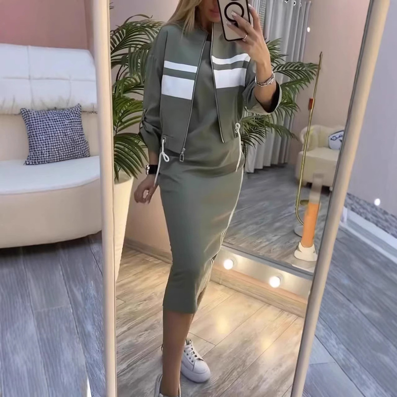 2025 Autumn European and American Cross-Border Independent Station Casual Zipper White Stripe Jacket Jacket Dress Women's Suit 2025 Autumn European and American Cross-Border Independent Station Casual Zipper White Stripe Jacket Jacket Dress Women's Suit
