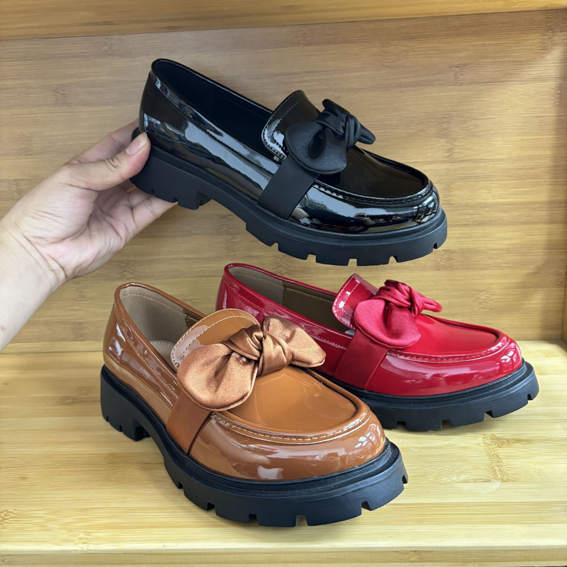 Women's Shoes height enhancing bowknot loafer shoes for women thick heel thick sole patent leather bright leather single shoes_voghion.com