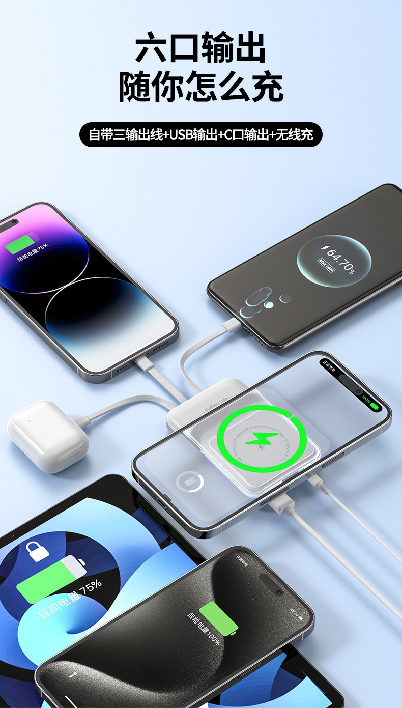 22.5W Süper Hızlı Şarj Manyetik Emici Kablosuz Şarj Cihazı 10000mAh Dahili Kablolu Taşınabilir Yüksek Kapasiteli Powerbank
