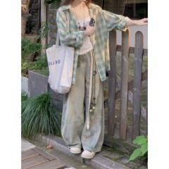 【广州新塘牛仔】设计感泼墨弯刀牛仔裤女秋季高腰宽松拖地阔腿裤