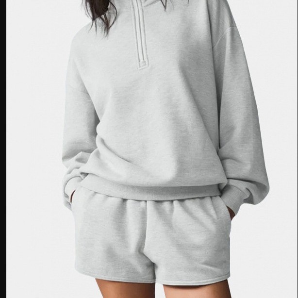 Sports jacket with half-zip, casual loose-fitting versatile warm half-zip yoga top and three-quarter shorts set