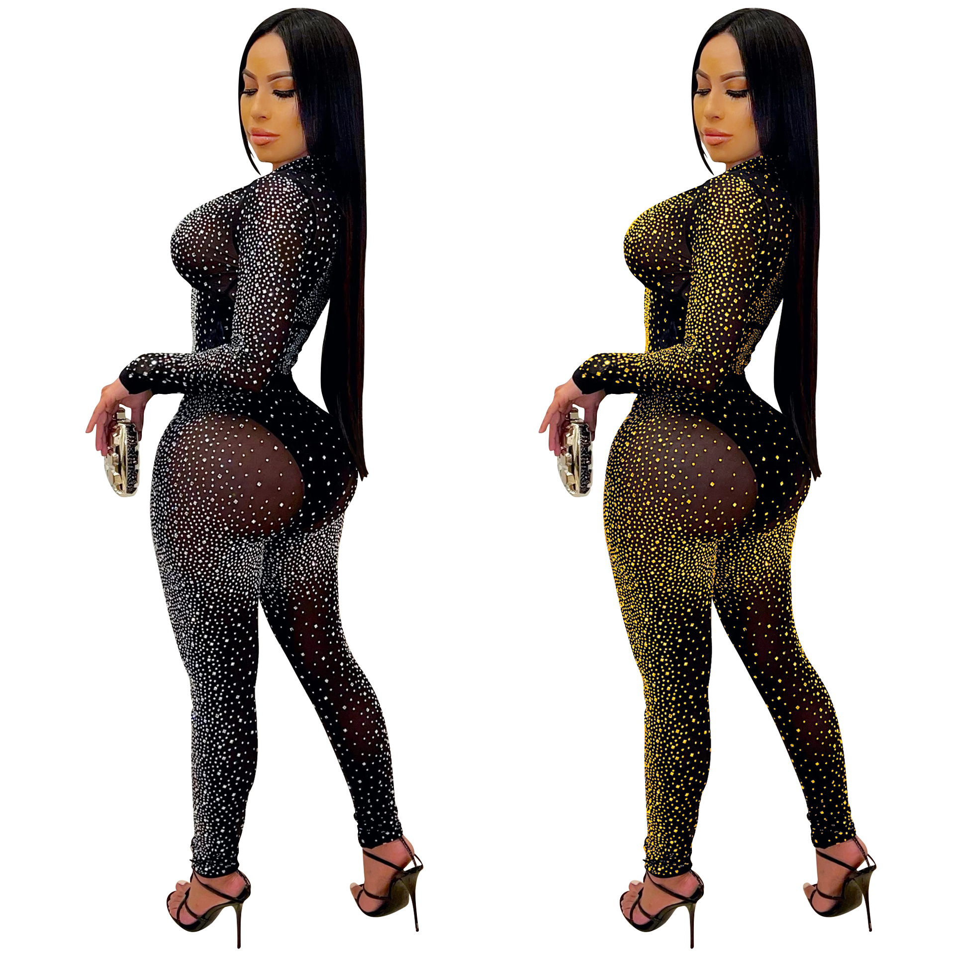 X5206 AliExpress Amazon moda europea y americana nueva discoteca caliente rhinestone cuello en V pantalones de manga larga traje de dos piezas de las mujeres