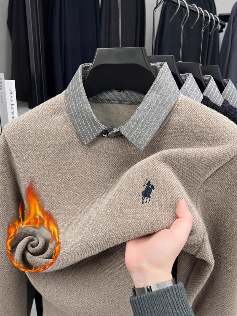 加厚一体绒男士毛衣新款衬衫领假两件冬季保暖长袖T针织打底上衣