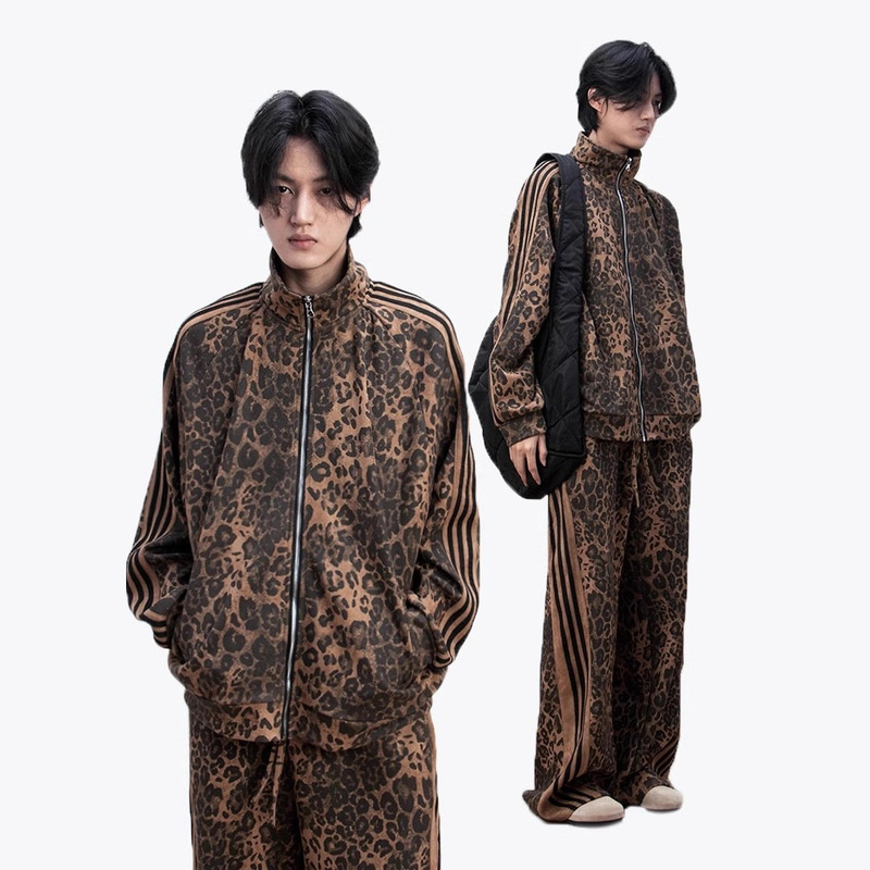 Three-Stripe Autumn New Leopard Print Jacket Casual Versatile Artistic Fashion Jacket and Pants Set