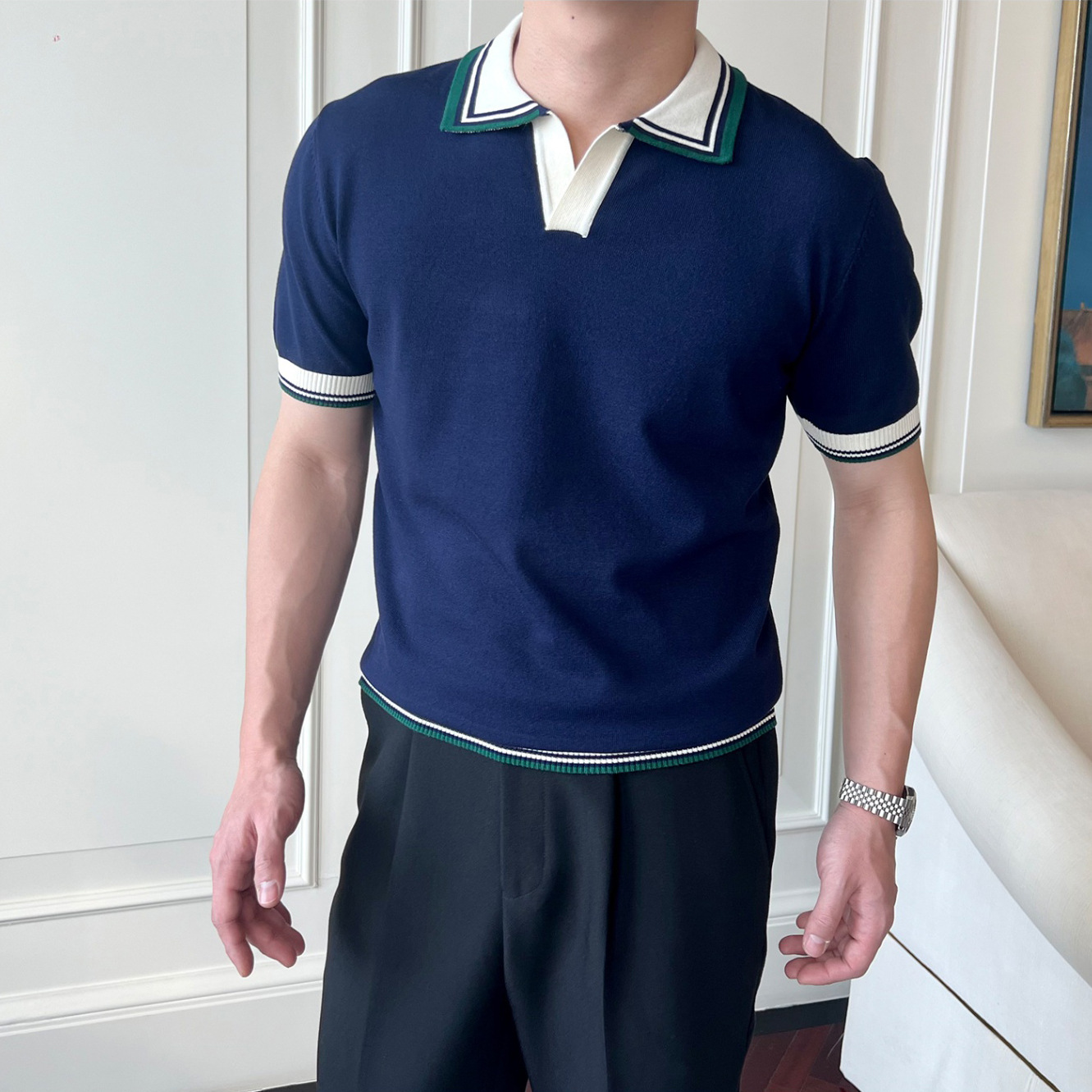Verano nuevo estilo suéter de manga corta camisa POLO de color de contraste para hombres cuello en V cuello exterior negocios delgado camiseta comercio exterior al por mayor transfronterizo