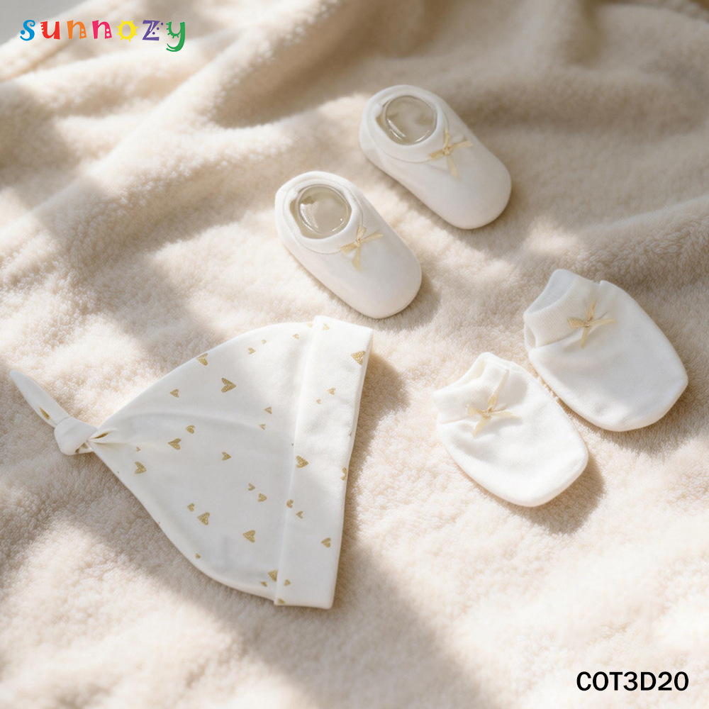Conjunto de tres piezas de gorros y calcetines de algodón puro para recién nacidos Sunnozy, productos para recién nacidos, guantes, calcetines y gorros para bebés de cuatro estaciones.