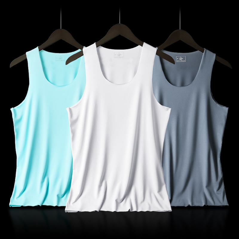 Men's Vest Summer Ice Silk Seamless Breathable Round Neck Slim-fit Sports Undershirt Wide Shoulder Underwear Business Base Shirt