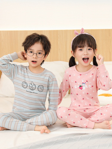 Children's sleepwear pure cotton boy autumn clothes autumn pants girl winter warm innerwear set for small and medium children base cotton and wool sweater