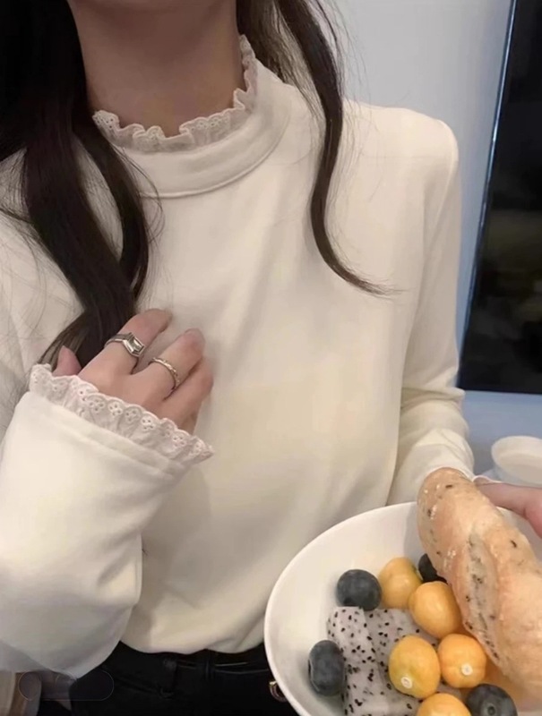 蕾丝花边设计感小众别致上衣女秋冬德绒修身打底衫半高领长袖T恤|undefined