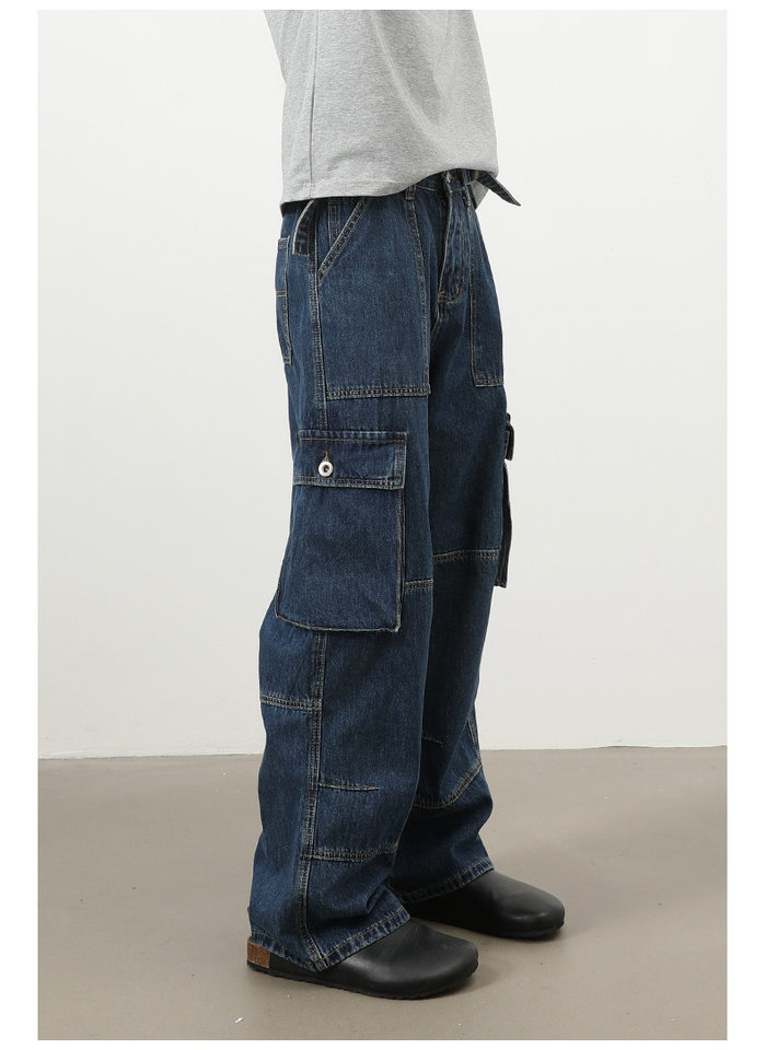 Quần jeans nam ống rộng thẳng phong cách đường phố, nhiều túi, lưng giữa eo — màu xanh đậm chi tiết 10