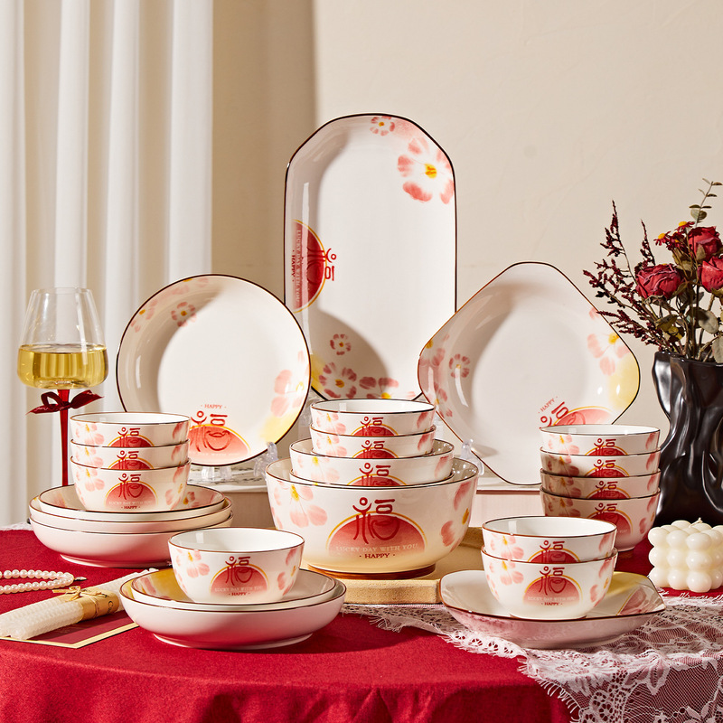 New Chinese-Style Household Chinese Landscape Dezhou Dishware Set Tableware Set New Home Housewarming Gift New Home Gift