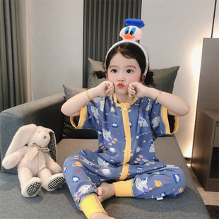 Baby and Kids Pure Cotton Short-Sleeved Sleeping Bag Boneless Male and Female Baby Seamless One-Piece Pajamas Summer Thin Zipper Anti-Kick Quilt