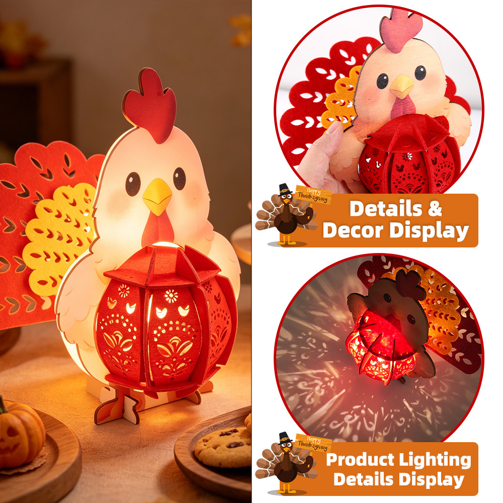 Día de Acción de Gracias Pavo Decoración de madera DIY Linterna de pollo luminosa estereoscópica Decoración del hogar Muñeca de mesa