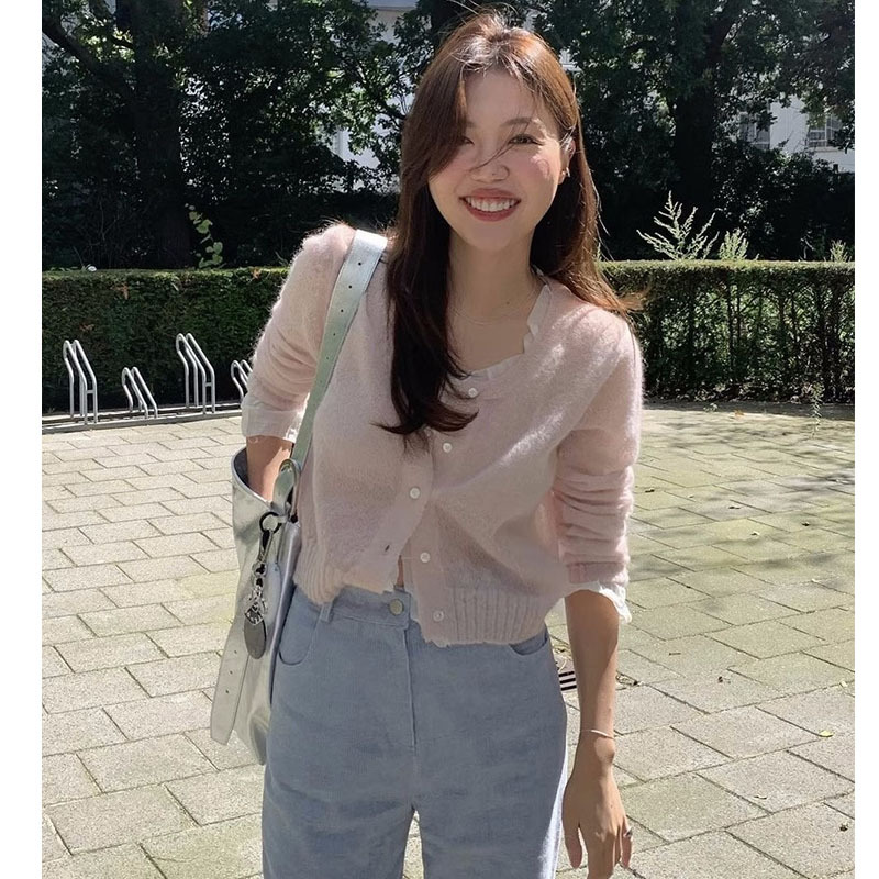 한국 동대문 봄 신상 tan*at 스타일리쉬한 V넥 레이스 배색 달콤한 니트 가디건