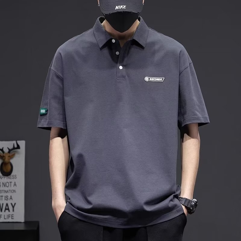 Summer high-end men's polo shirt, American retro style, trendy brand, loose fit, turn-down collar, short-sleeve t-shirt, fashionable half-sleeve tee for men