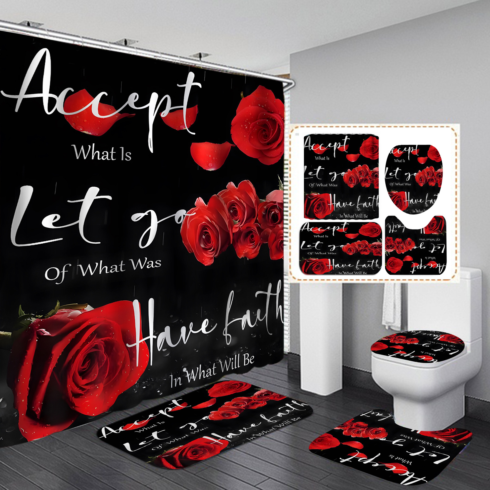 Rose negra cortina de baño de día de San Valentín impermeable a prueba de agua de acero de sombra cortina de baño plegable impermeable de secado rápido decoración romántica