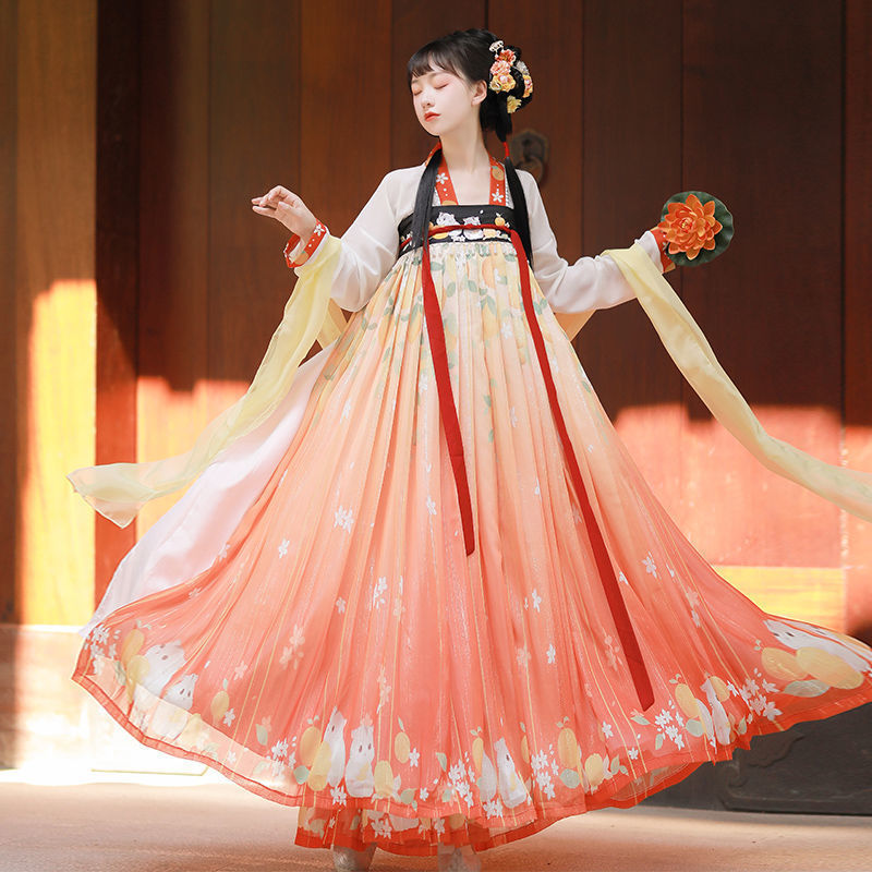 Women chinese hanfu fairy princess cosplay skirts female hanfu orange cat chest Ru printed skirt costume  stage performance photos shooting gown 