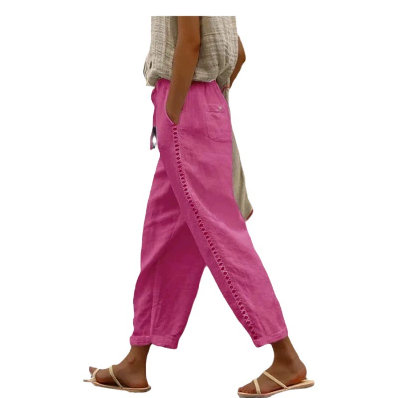 2023 Европейские и американские брюки из хлопка и льна Детские летние брюки до щиколотки Свободные брюки из хлопка и льна с широкой кружевной отделкой на талии