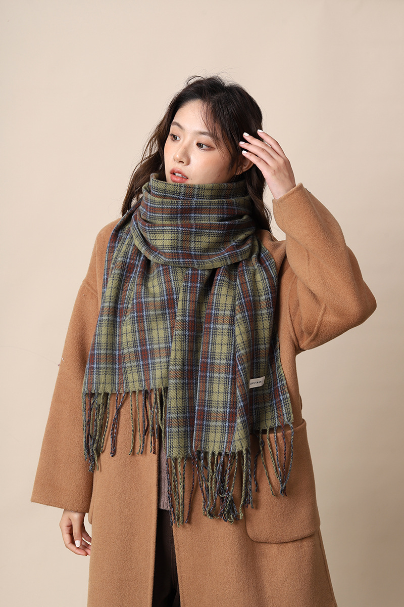 Neues grün kariertes Tuch im koreanischen Stil für Damen, vielseitig einsetzbar im Herbst und Winter, individuell und hochwertig, warmer Schal_voghion.com