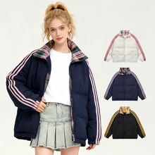 三条杠棉衣外套女韩版格子拼接潮流宽松棉袄源头工厂加厚防风棉服