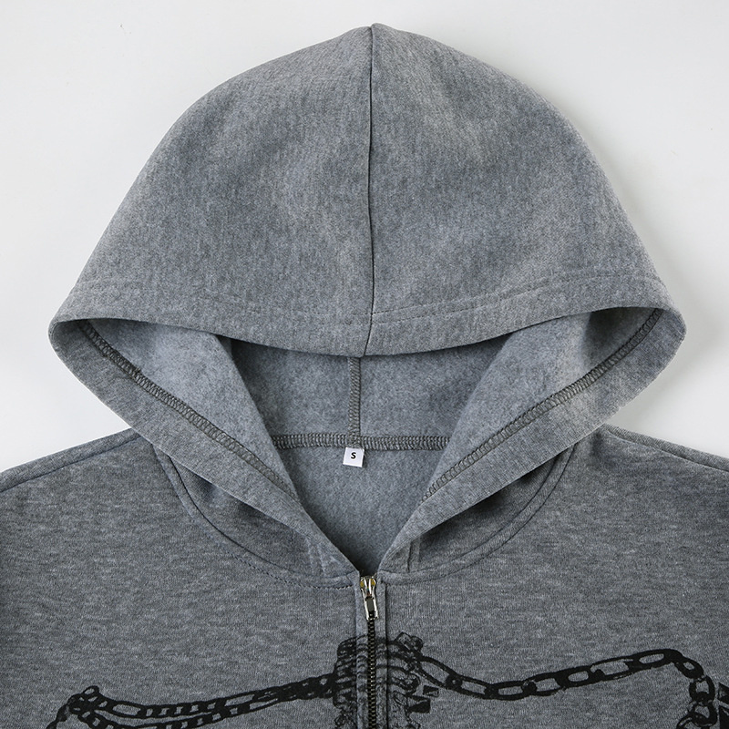Culture Chain Bone Print Loose Hooded Sweatshirt Sexy Street Niche Casual Zipper Thin Coat