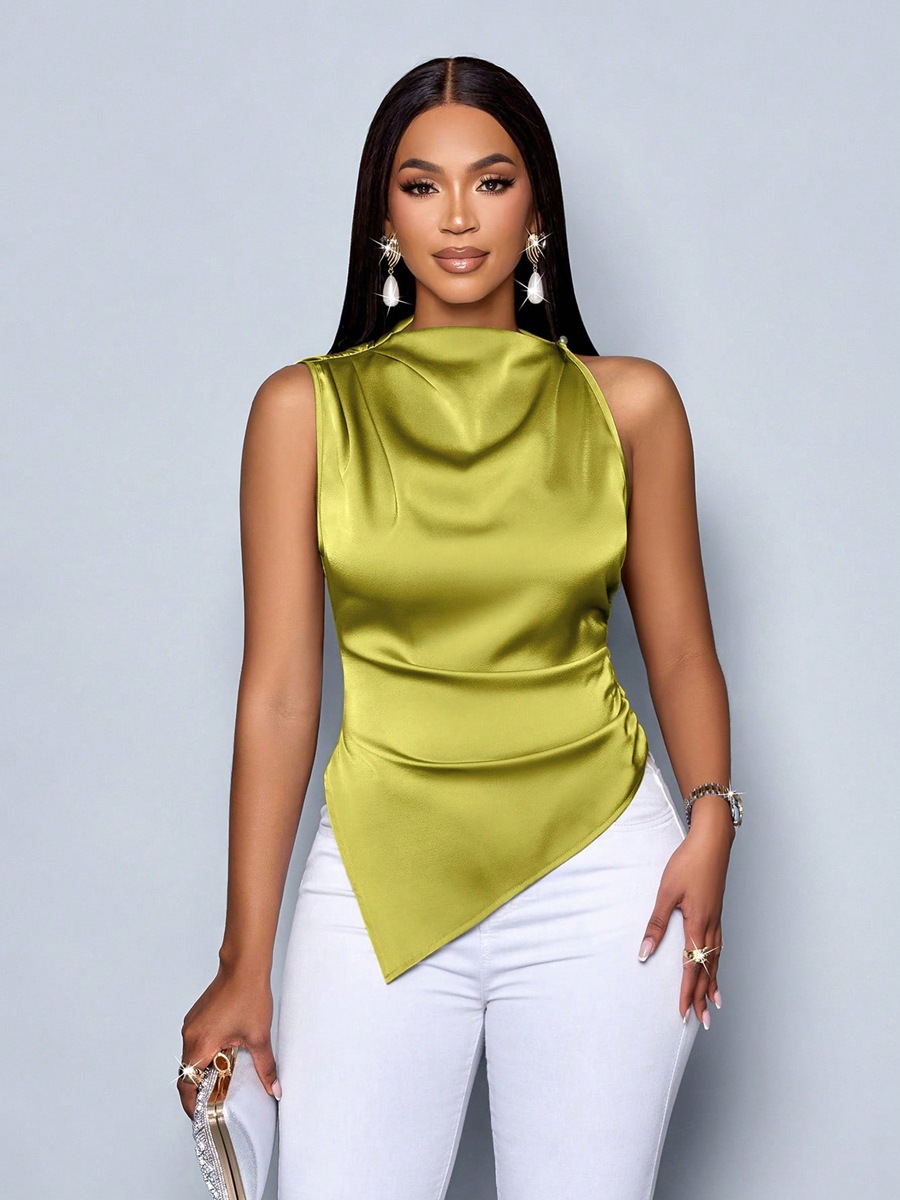 Camisa de satén de verano para mujer de comercio exterior europeo y americano, camisa de satén asimétrica para mujer, top de mujer, sentido de diseño, nicho