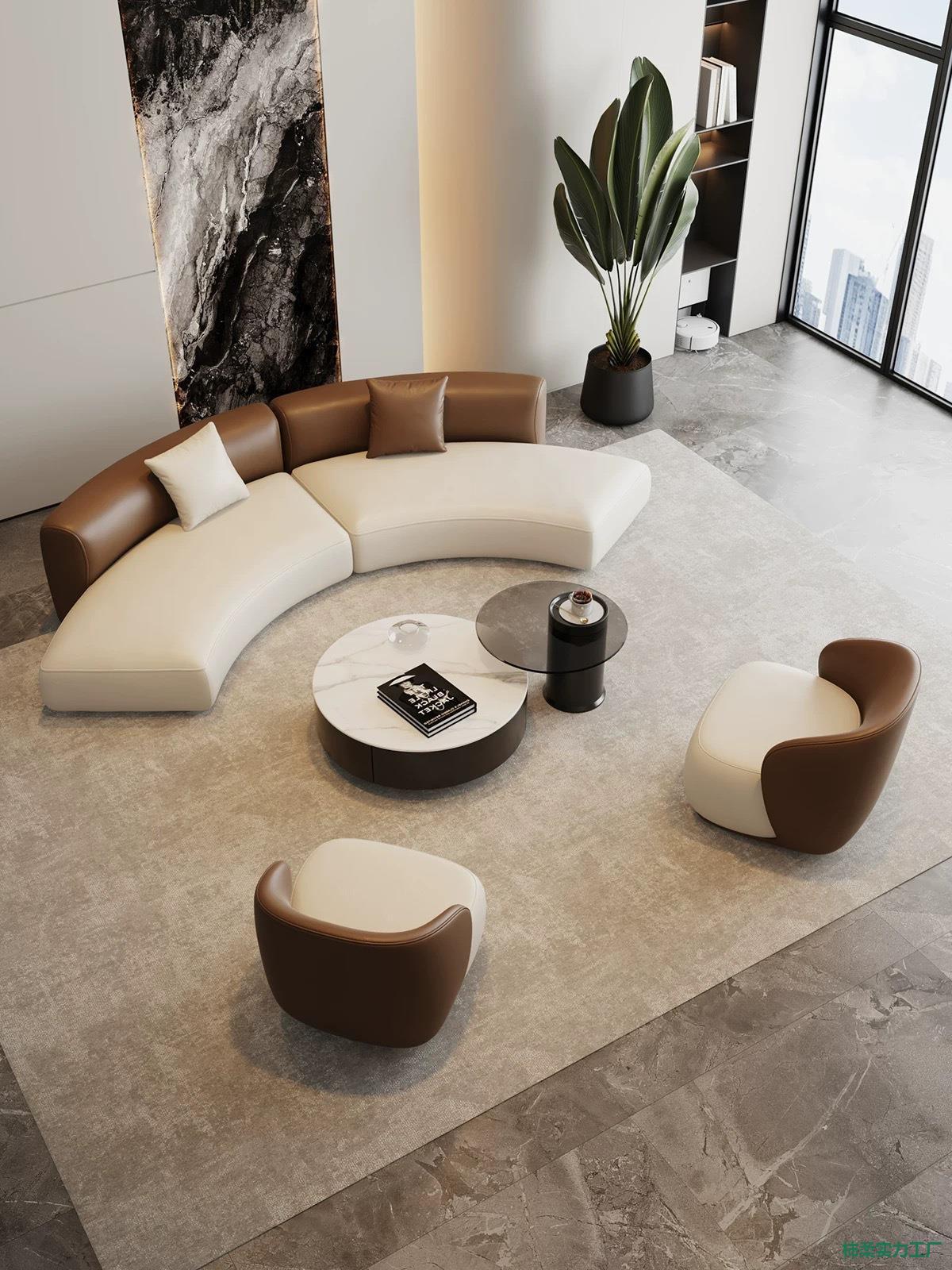 Italian-style minimalist sofa, modern and simple design, light luxury aesthetic, suitable for beauty salons, curved sofa set, villa-style leather and fabric sofa