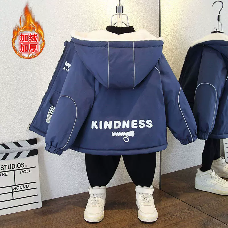2024秋冬新款男童韩版帅气加绒加厚连帽外套男孩字母印花宽松棉服