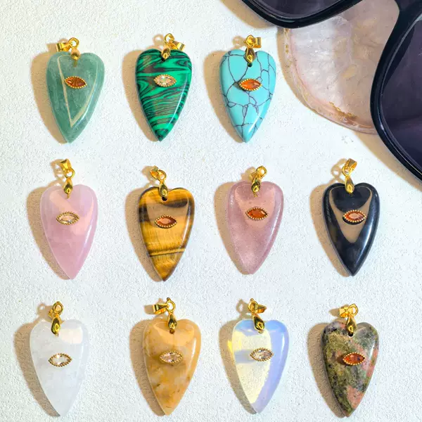 European and American Cross-Border Hot-Selling Devil's Eye Heart Pendant Natural Stone Women's Necklace DIY Jewelry Accessories Copper Plated with Real Gold