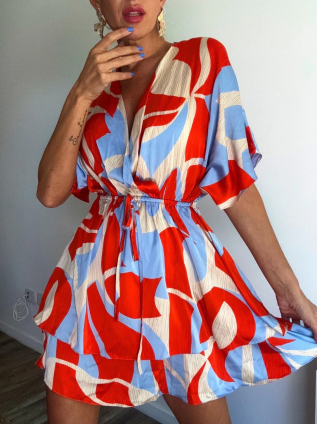 Abstract Print V-Neck Midi Dress With Tie Waist, Flowy Short Sleeve Summer Dress For Vacation & Casual Outings_ecoleips.com
